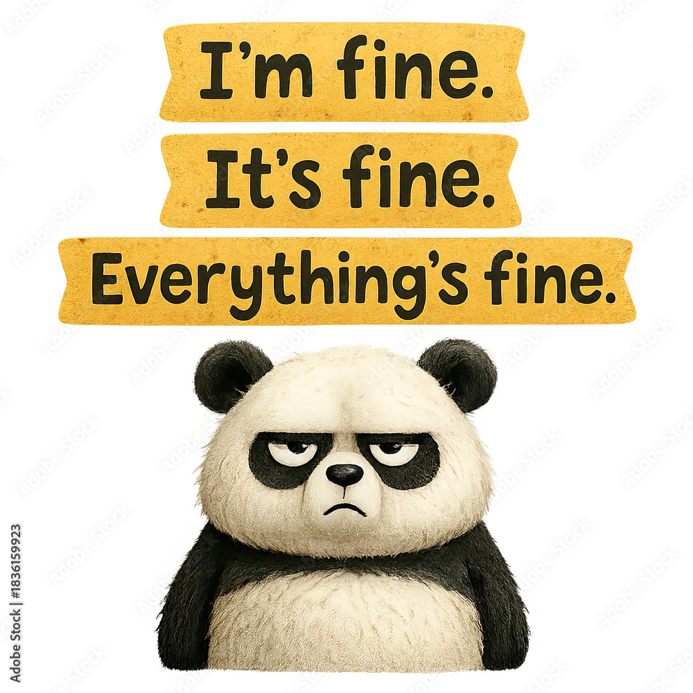 Fototapeta premium Grumpy cartoon panda under three yellow banners reading 