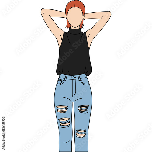 Modern Woman Standing Confidently Arms Behind Head Wearing Black Sleeveless Turtleneck Top Ripped Blue Jeans and Short Red Hair Against Black Background Minimalist Style