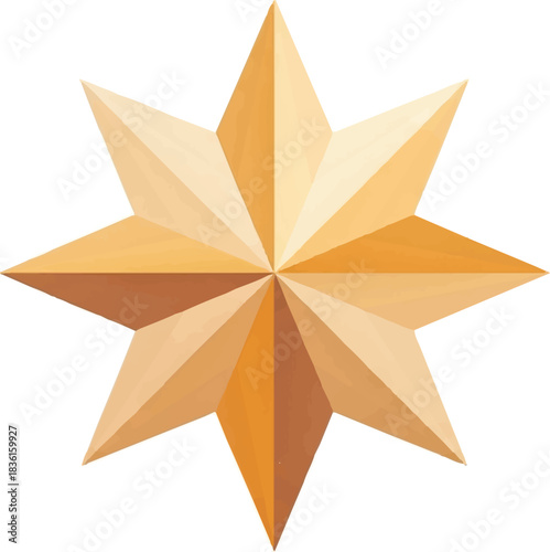A detailed, three-dimensional eight-pointed star with faceted surfaces in shades of gold, orange, and brown, creating a radiant and geometric design.