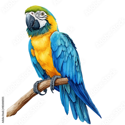 Watercolor illustration painting of Blue-and-yellow Macaw, minimal, isolated on a white background.
