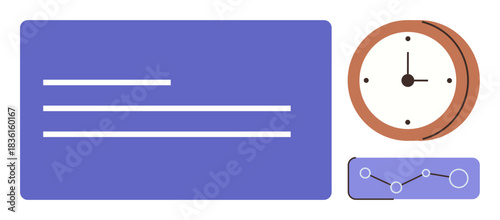 Clock illustrating time management, chart representing data tracking, and text box highlighting tasks or information. Ideal for productivity, scheduling, analytics, education, strategy, planning
