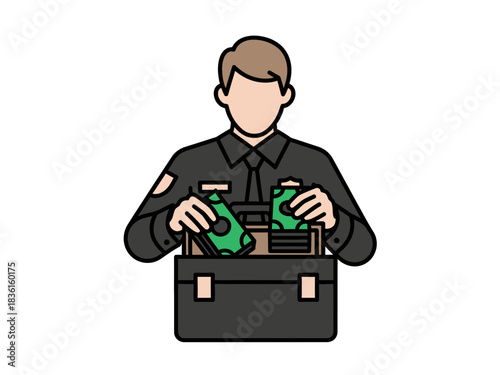 A corrupt officer taking money from a briefcase flat illustration