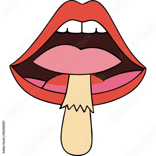Open Mouth With Mushroom Shape Emerging From Below Surreal Art Psychedelic Design Red Lips White Teeth Pink Tongue Beige Stem with Texture Abstract Concept