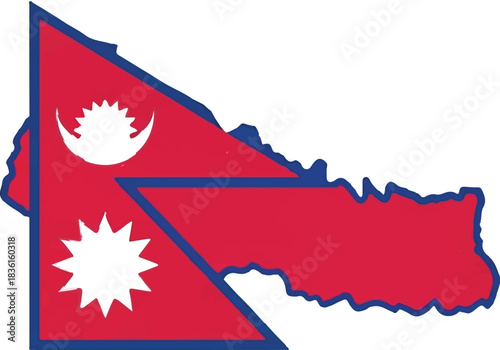 Map of Nepal filled with the national flag design, featuring crimson red, blue border, and white celestial symbols.