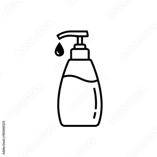 detailed black and white outline icon of a liquid soap dispenser or hand sanitizer bottle with a large solid droplet falling. Vector illustration for cleanliness, disinfection, and personal care 