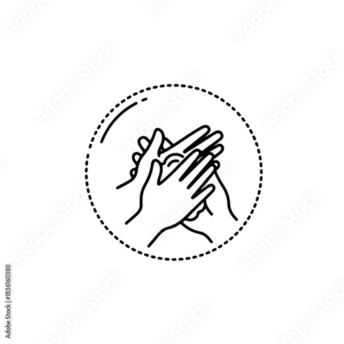 Minimalist black and white outline icon showing a pair of clean hands enclosed within a protective bubble or shield. Concept vector for hygiene, germ protection, safety, and health security