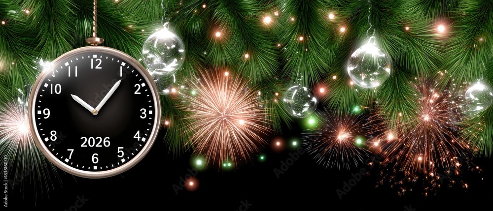 Fototapeta premium Festive new years celebration scene with fireworks, clock striking midnight, and 2026 displayed prominently among decorations