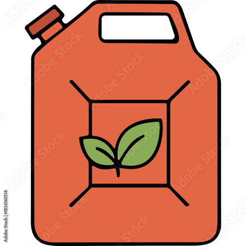 Orange Gas Can with Green Leaf Symbol Representing Eco Friendly Fuel or Sustainable Energy Storage Clean Alternative Energy Concept