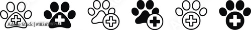 paw print, animal, pet, medical, cross, health, veterinary, icon, symbol, silhouette, outline, black, white background, isolated, care, clinic, hospital, rescue, love, support