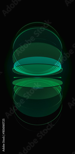 Abstract dynamic layered transparent crystal glass on dark background. 3d rendering