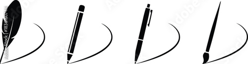 writing, drawing, pen, pencil, feather, paintbrush, ink, art, creativity, education, communication, symbol, icon, set, collection, graphic, design, illustration, black and white, isolated, white backg
