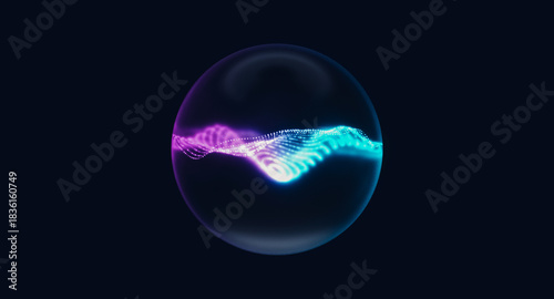 Futuristic glowing abstract orb with neon particle waves in dark background. AI technology concept. 3d rendering