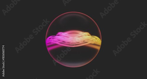 Futuristic glowing abstract orb with neon waves in dark background. AI technology concept. 3d rendering