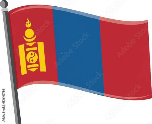 A waving flag of Mongolia, featuring a red stripe on the left with the Soyombo symbol, a blue middle stripe, and a red stripe on the right.
