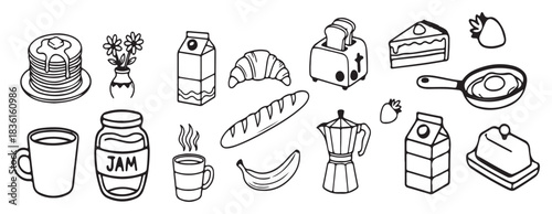 Hand Drawn Breakfast Food Doodle Vector Set, Outline Sketch Collection.