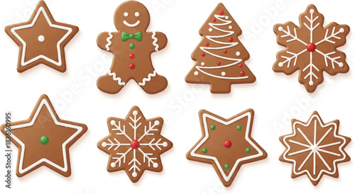 Collection of eight festive gingerbread cookies with white icing decorations, including stars, a gingerbread man, and Christmas trees, on a white background.