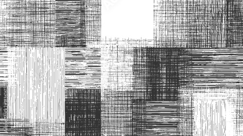 Black and white abstract pattern of intersecting lines and squares with textured hatching background