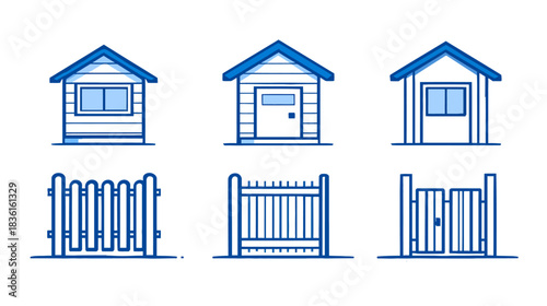 Blue outline vector icons collection: simple houses, sheds, and various fence and gate designs. Minimalist architectural graphics.