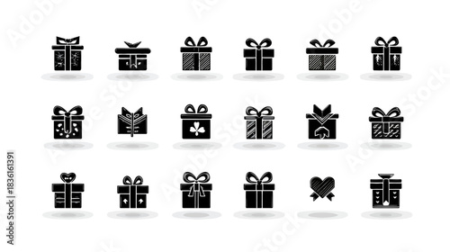 Black Silhouette Gift Box Icons Collection. Various Presents, Holiday Packages, and Celebration Surprise Symbols Set.