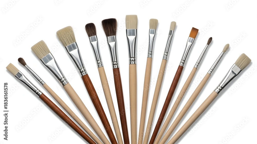 Fototapeta premium Assorted artist brushes fanned out on white. Varied shapes, sizes, and natural bristles
