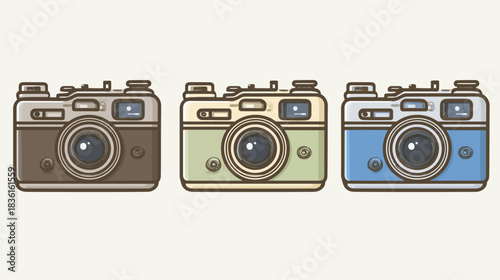 Three retro vintage film cameras in brown, green, and blue color. Classic analog photography equipment illustration.