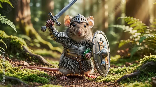 Two small mice, donning armor, stand prepared for battle with sword and shield, alongside a diminutive rat guard, evoking feelings of tenacity, resilience, and plucky perseverance in the face of.