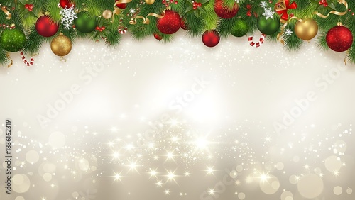 Festive christmas background with ornaments pine branches and sparkling lights for holiday designs