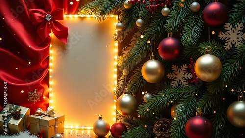 Festive christmas background with ornaments gifts and a blank frame illuminated by string lights