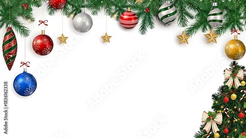 Festive christmas background with ornaments stars and christmas tree branches for holiday designs