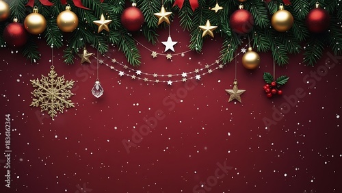 Festive christmas background featuring red bows ornaments and snowflakes on a deep red surface