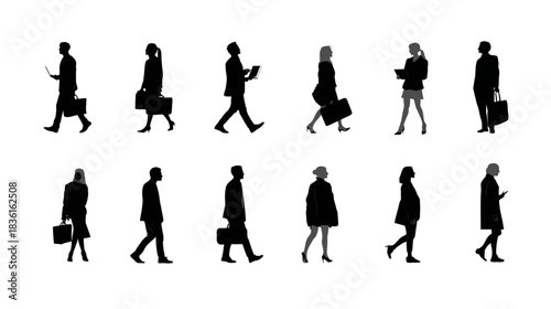 Diverse group of walking people silhouettes, including businessmen and casual individuals, isolated on white background for graphic design.