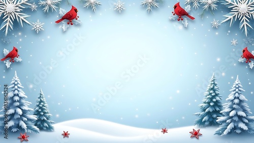 Festive winter scene with cardinals snowflakes and snowcovered trees for holiday backgrounds