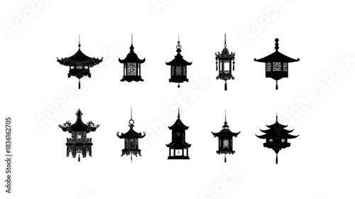Elegant Traditional Asian Temple and Lantern Silhouettes Set. Oriental Pagoda, Shrine, and Japanese Light Icons Collection.