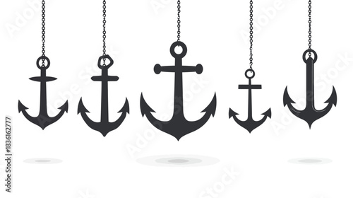 Collection of nautical anchors hanging by chains, black silhouettes on white background, various maritime symbols, vector illustration.