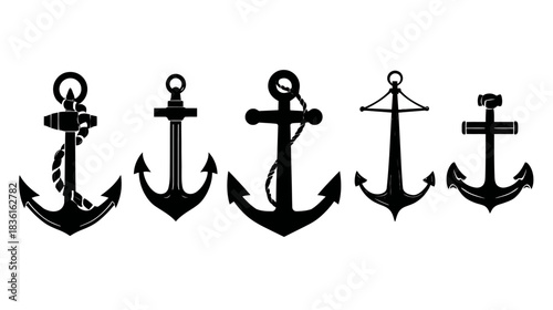 Set of various black anchor silhouettes, marine and nautical symbols on a white background.