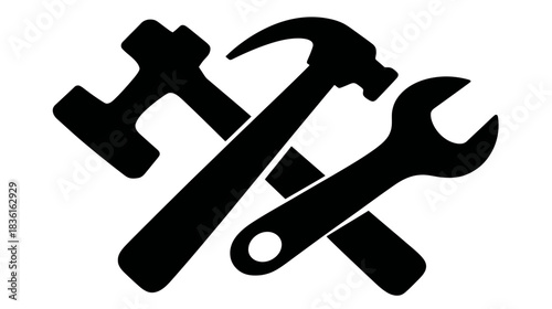 Crossed hand tools icon: hammer, wrench, and mallet silhouette for construction, repair, and maintenance concepts