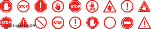 stop sign, warning sign, traffic sign, prohibition sign, exclamation mark, hand symbol, triangle, octagon, circle, red, white, icon, symbol, collection, set, alert, danger, forbidden, information