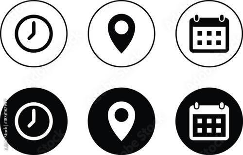 clock, time, watch, map pin, location, gps, calendar, date, schedule, icon, symbol, graphic, design, black, white, circle, set, collection, interface, ui, ux, navigation, planning