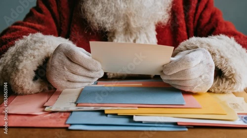 Santa holds letter while organizing bright envelopes and folders on table suggesting careful management of christmas requests seasonal mailing and efficient festive office workflow