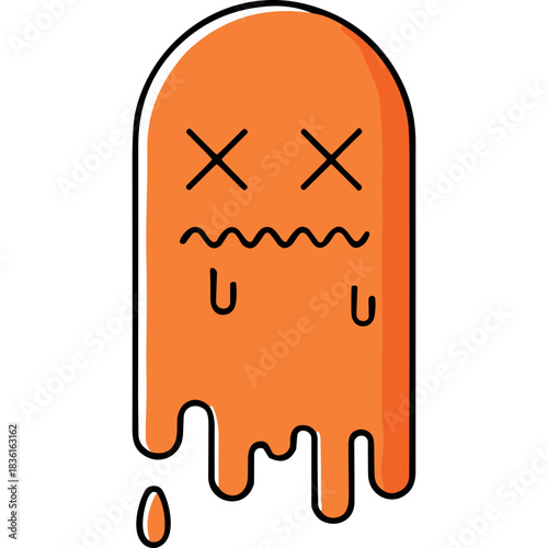 Orange Ghost Character Illustration Dripping and Showing Dizzy Eyes and Mouth with Cross Eyes Representation of Feeling Sick or Unwell Against a Black Background