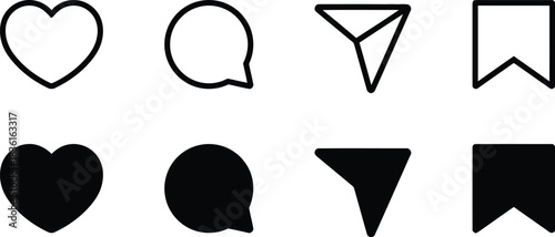 social media, icons, like, heart, comment, speech bubble, share, paper airplane, save, bookmark, symbol, graphic, design, vector, outline, solid, black, white background, interface, application, digit