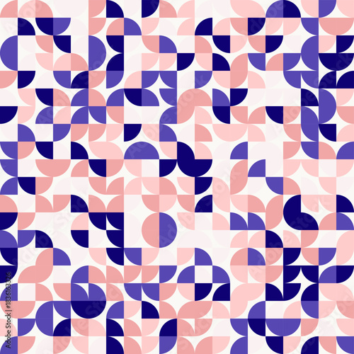 Abstract geometric background, Bauhaus style, seamless vector geo pattern, simple flat style shapes, blush pink and navy blue colors