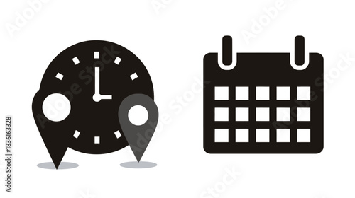 Event Scheduling & Management Icons: Clock with Location Pins & Calendar Symbol for Time, Date, and Place Planning