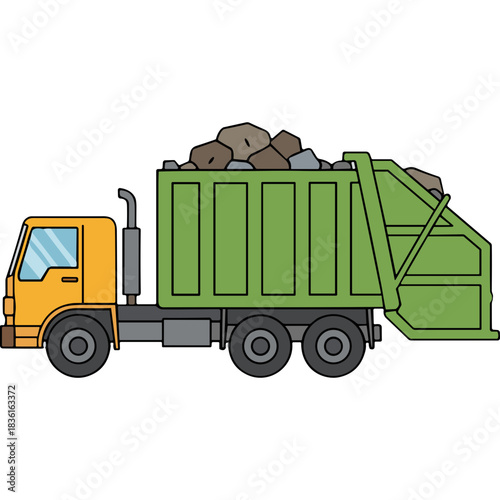 Orange and Green Garbage Truck Filled with Rocks and Debris on a Black Background Clean Design Vector Illustration