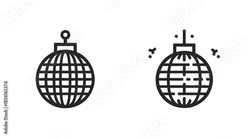Shiny Disco Ball Line Icon Set. Modern Outline Vector Symbols for Party, Celebration, Music, Nightclub, and Dance Events Design Elements