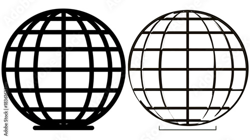 Abstract vector graphic of two grid globes in black and white, symbolizing global network, communication, and digital connection.