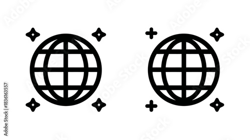 Sparkling Global Network Icon. Clean Line Art Vector of World for International Connection, Communication & Web Design.