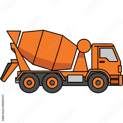 Orange Cement Mixer Truck Vehicle With Three Axles And Black Wheels On A Black Background Realistic Illustration