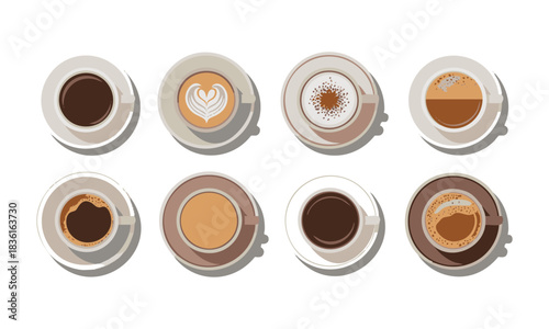 Vector coffee cup assortment with latte and espresso illustration, easily editable.