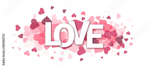 LOVE typography vector banner with hearts cloud background